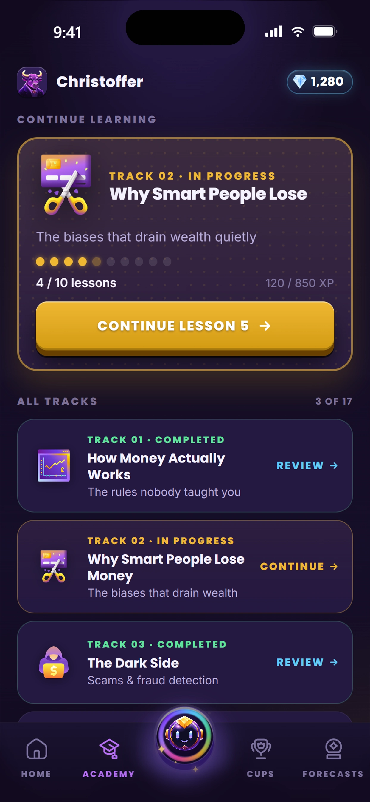 The LogicBanker Academy screen: story-lesson tracks with progress and a continue-lesson button